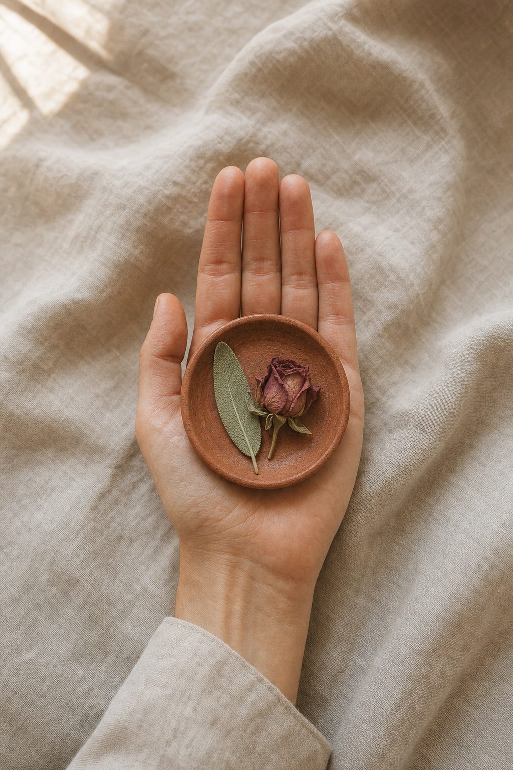 An open hand holds a small terracotta dish with a dried rose and a sage leaf.